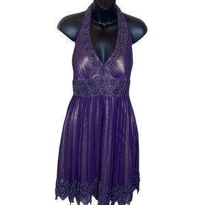 Adrianna papell evening silk purple beaded halter dress 4P